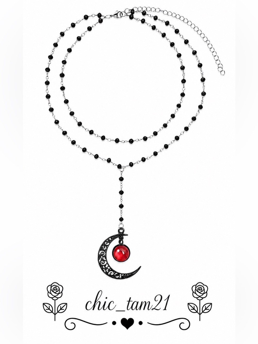 Black Beaded Crescent Moon Necklace with Red Pendant